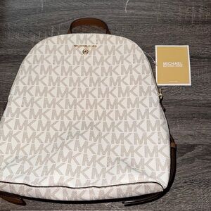 Michael Kors Cream and Brown Logo Backpack